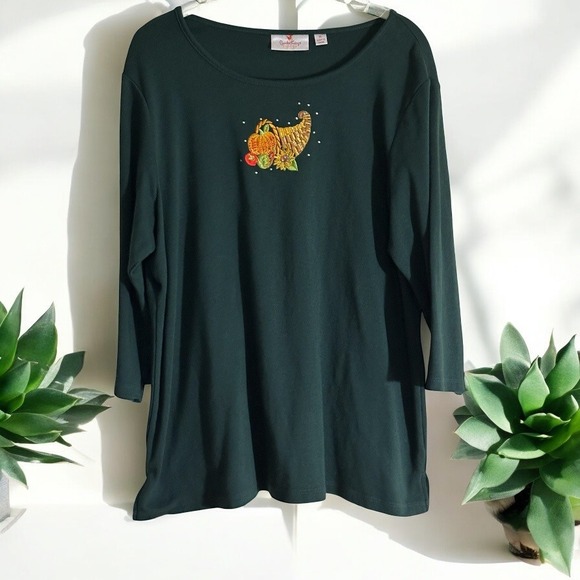 Quacker Factory XL Green Fall Harvest Cornucopia Pumpkin Long Sleeve Top - Picture 1 of 11